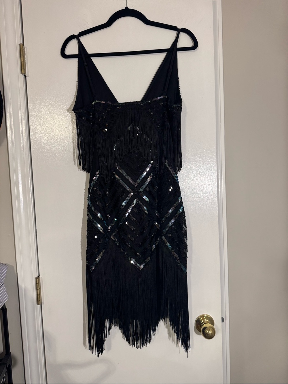 1920s Flapper Black Beaded Fringe V-Neck Mini Dress Great Gadsby party dress - Picture 5 of 5